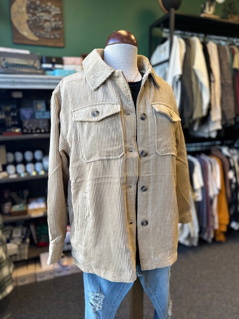 Beige Corduroy Button Up Jacket with Sherpa Lining