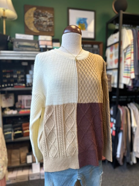 Latte Mix Color Block Cable Knit Sweater