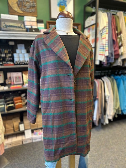 Brown and Green Plaid Button Down Jacket