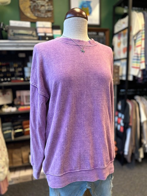 Violet Washed Round Neck Pullover Sweatshirt