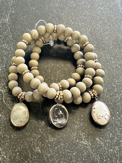 Gray Wood and Stone Bracelet Stacking Set