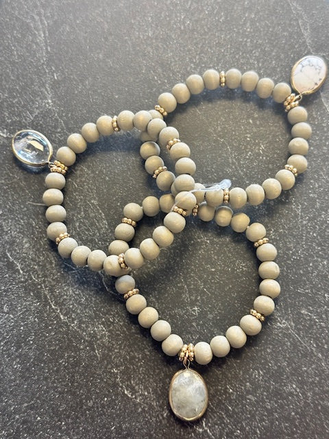 Gray Wood and Stone Bracelet Stacking Set