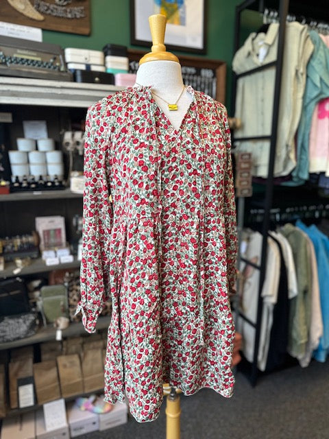 Red Rose Print Long Sleeve Dress