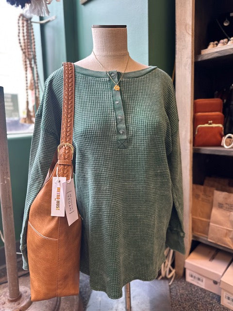 Green Waffle Henley Long Sleeve Top
