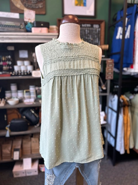 Sale - Green Lace Trim Sleeveless Swiss Dot Top