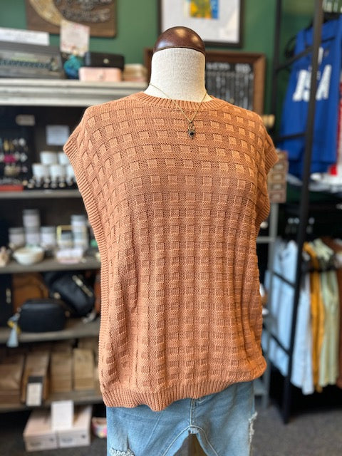 Brown Round Neck Textured Knit Sweater Top