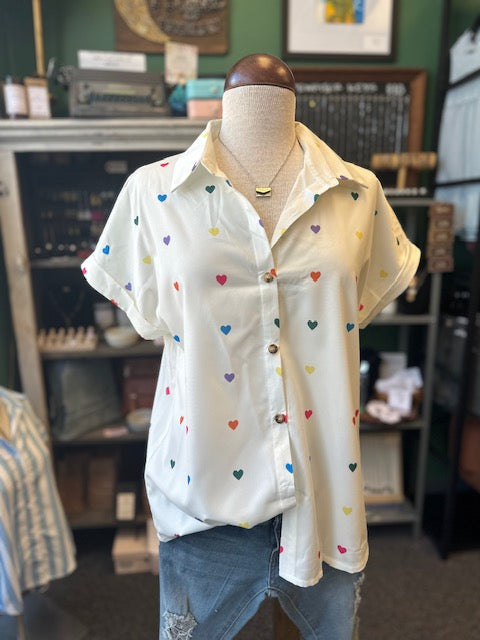 Heart Print Button Up Loose Fit Blouse