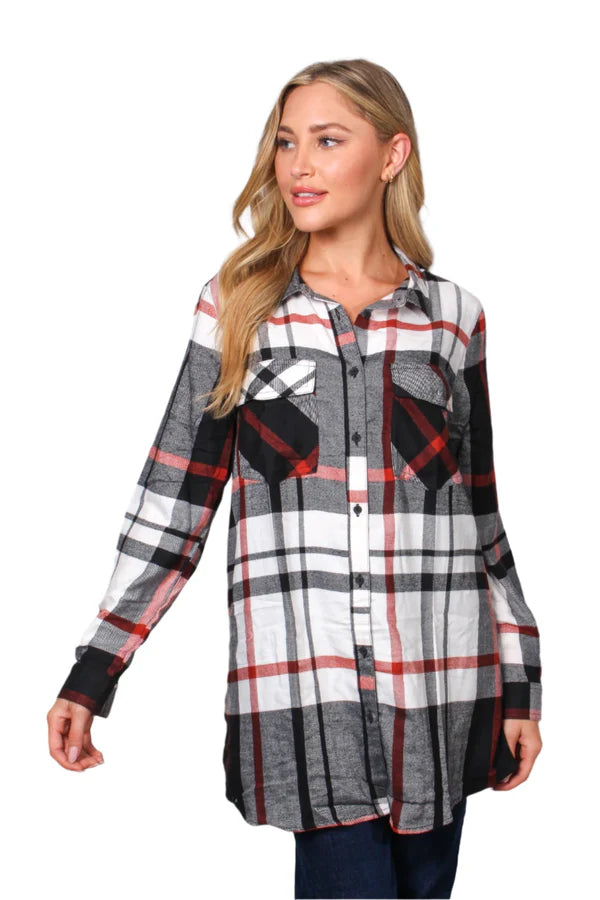Black Rust Two Pocket Plaid Top
