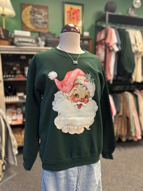 Retro Pink Santa Graphic Fleece Sweatshirts