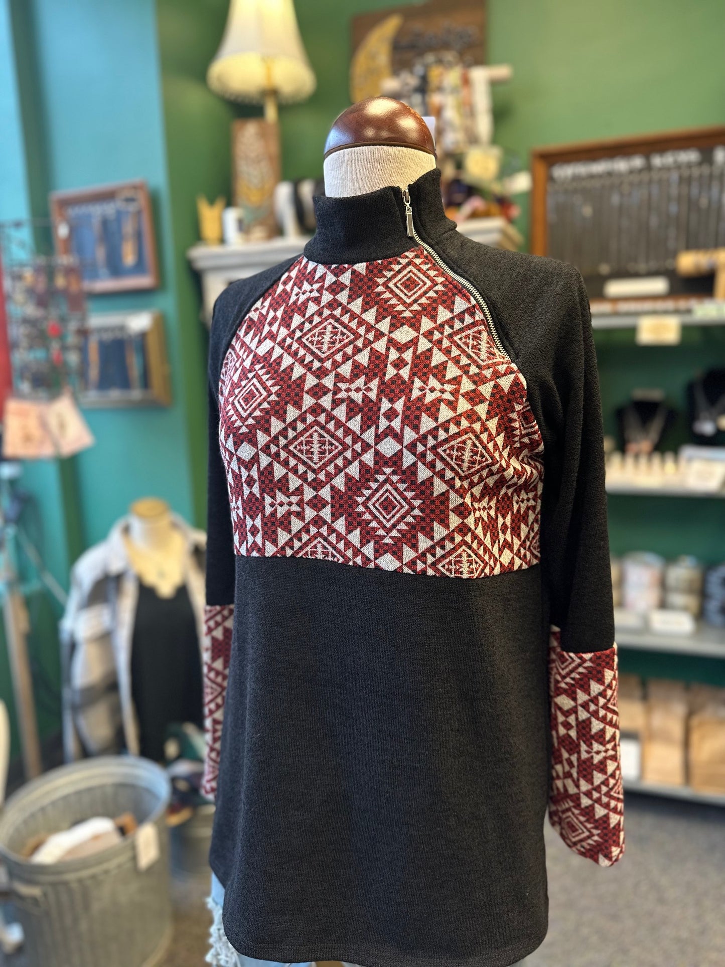 Sale - Aztec Print Contrast Side Zipper Top
