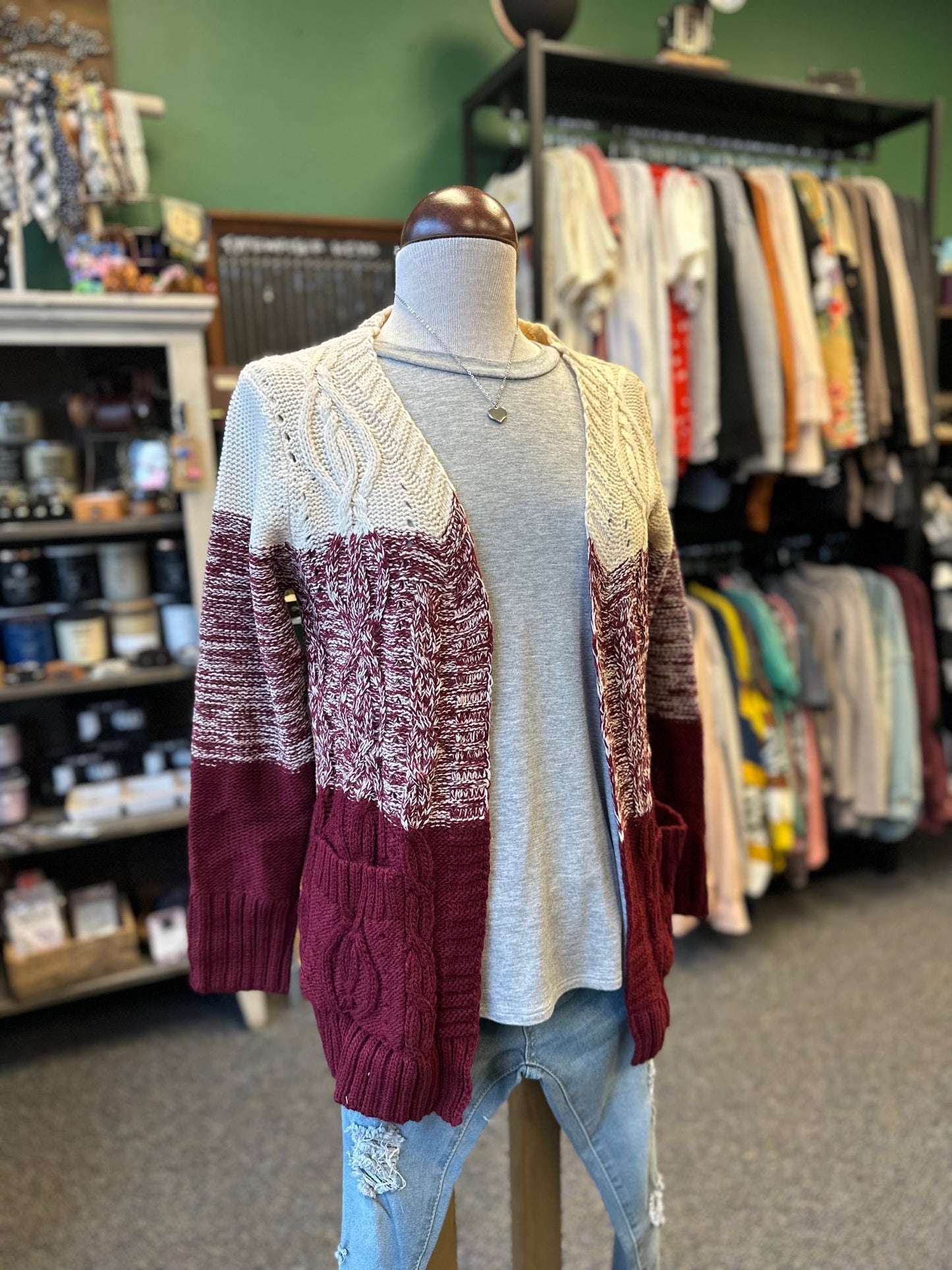$10 Rack - Burgundy Colorblock Cardigan