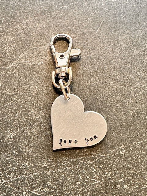 Love You Hand Stamped Heart Metal Key Chain