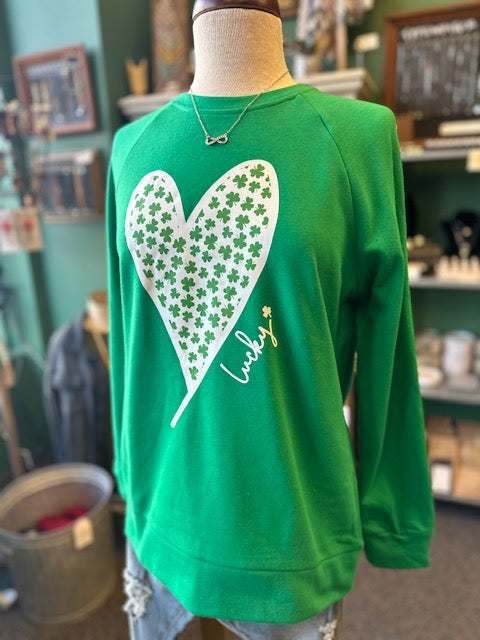 Sale - Lucky Clover Heart Graphic Raglan Sleeve Sweatshirt