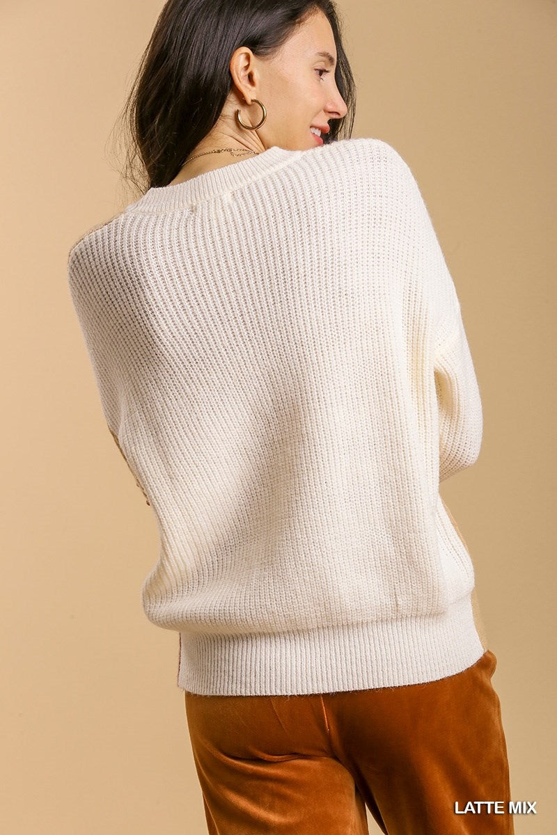 Latte Mix Color Block Cable Knit Sweater