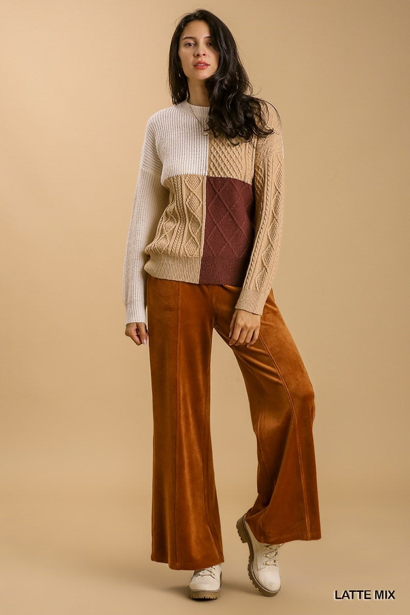 Latte Mix Color Block Cable Knit Sweater