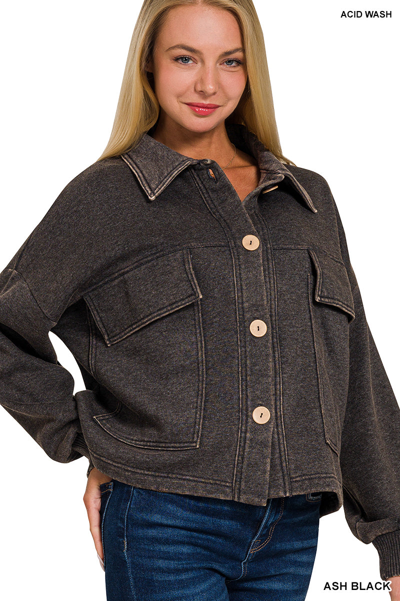 Black Acid Wash Fleece Front Pocket Cropped Shacket