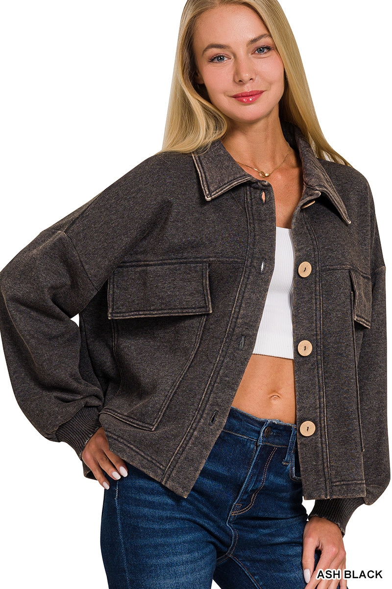 Black Acid Wash Fleece Front Pocket Cropped Shacket