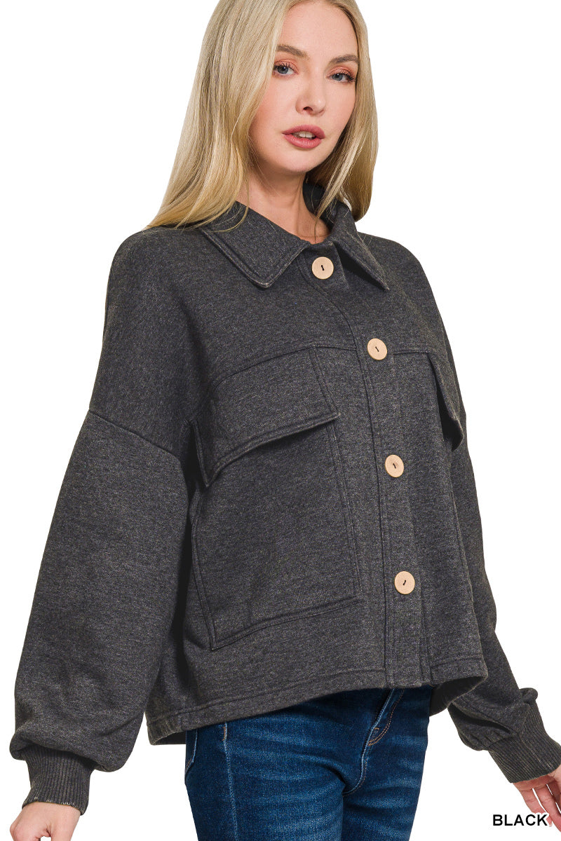 Black Acid Wash Fleece Front Pocket Cropped Shacket