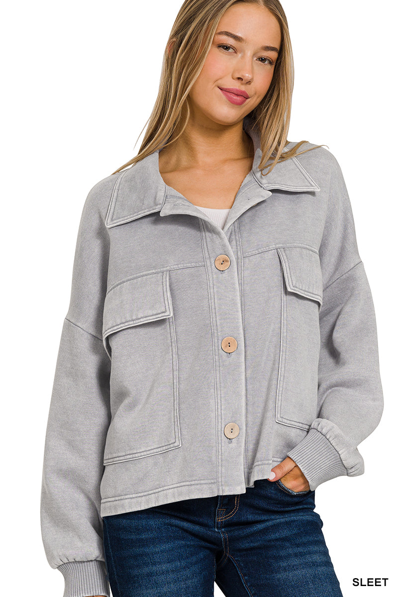 Sleet Acid Wash Fleece Front Pocket Cropped Shacket