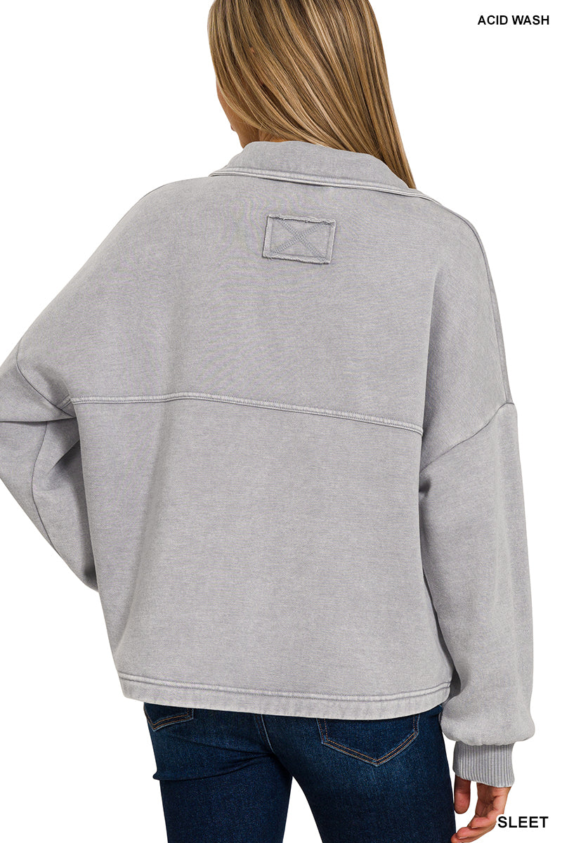 Sleet Acid Wash Fleece Front Pocket Cropped Shacket