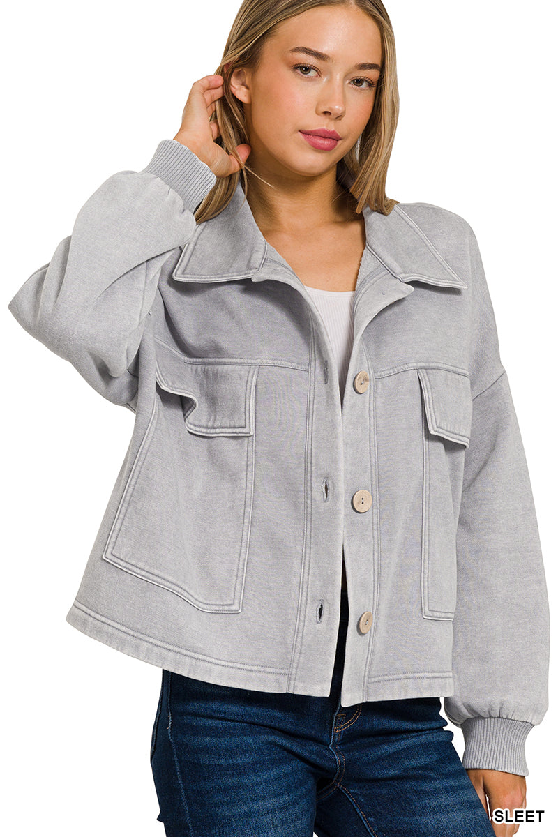 Sleet Acid Wash Fleece Front Pocket Cropped Shacket