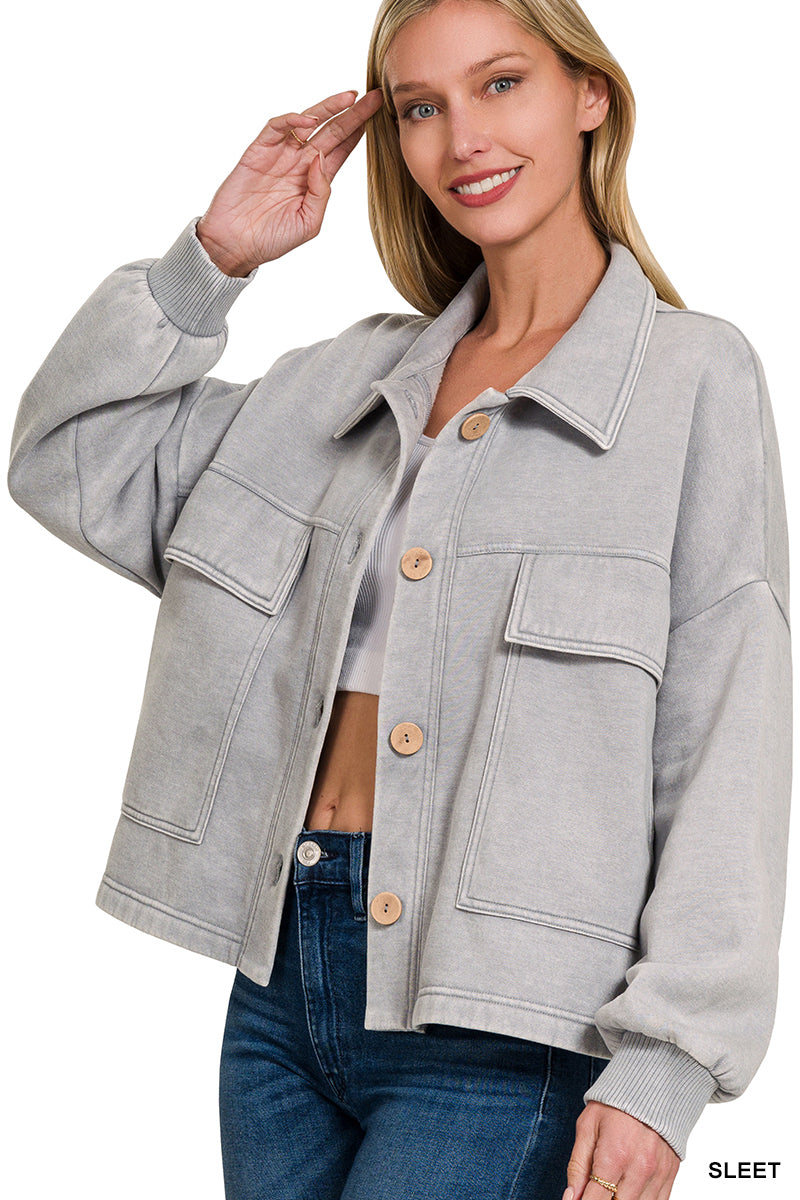 Sleet Acid Wash Fleece Front Pocket Cropped Shacket