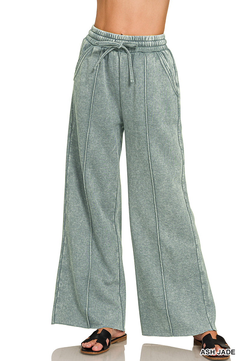 Ash Jade Acid Washed Fleece Pintuck Wide Leg Pants