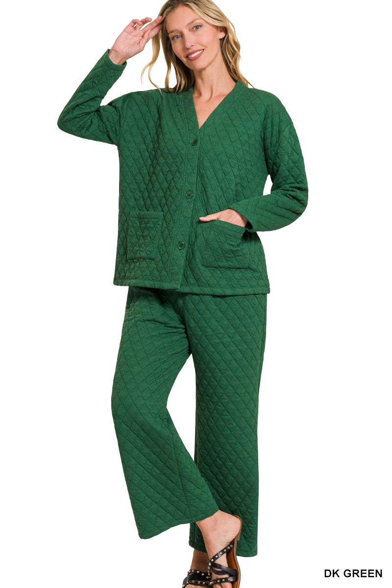 Dark Green Quilted Jacket and Pants Set
