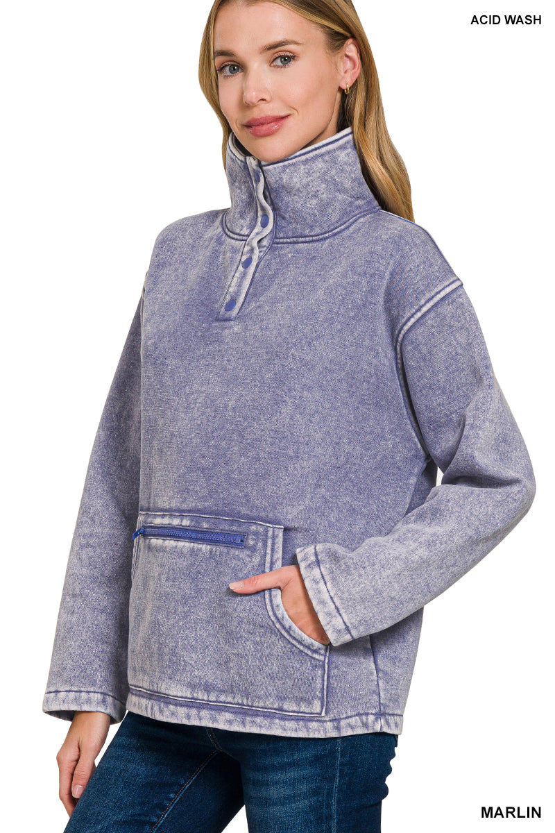Fleece Washed High Neck Kangaroo Pocket Pullover - Marlin