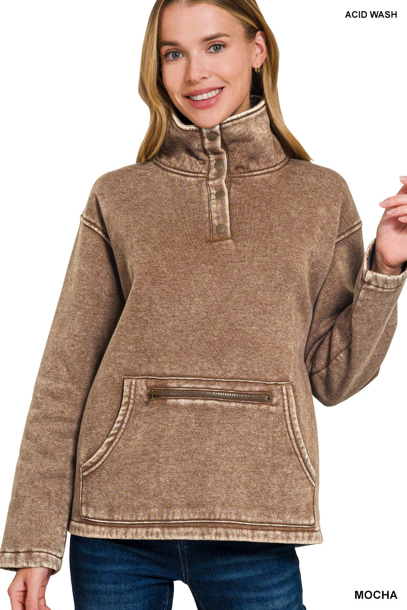 Fleece Washed High Neck Kangaroo Pocket Pullover - Mocha