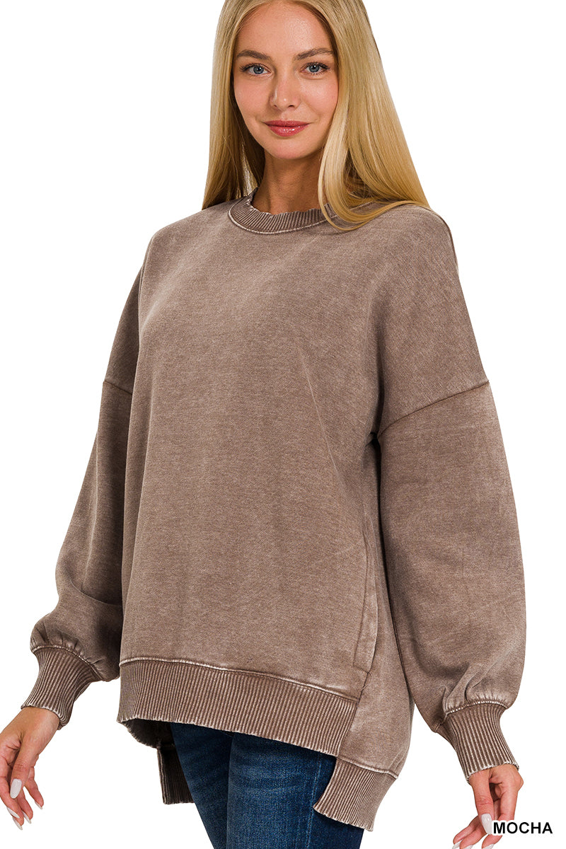 Mocha Acid Wash Fleece Hi-Low Hem Pullover