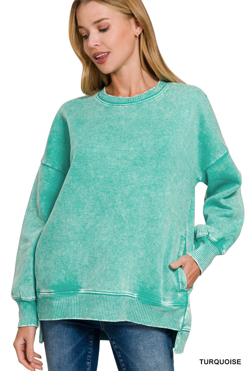 Turquoise Acid Wash Fleece Hi-Low Hem Pullover