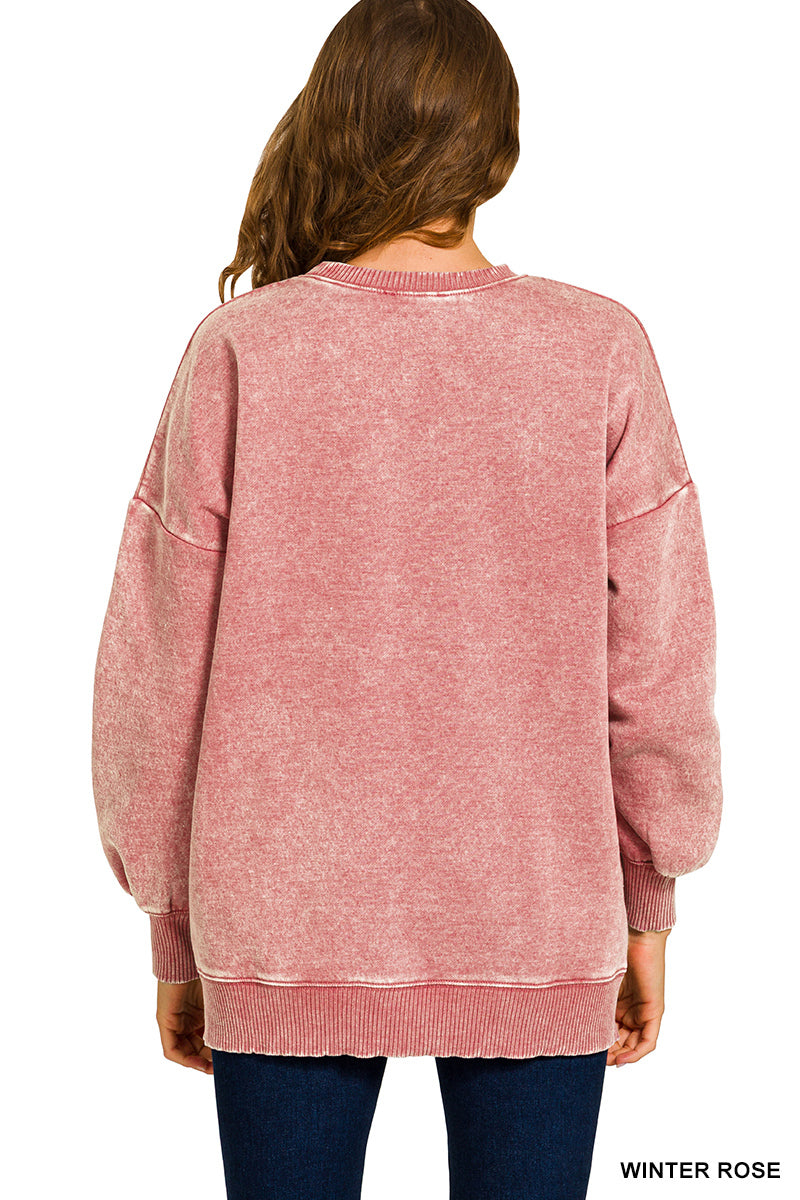 Winter Rose Acid Wash Fleece Hi-Low Hem Pullover