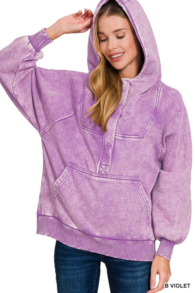 Violet Fleece Oversized 1/4 Zip Kangaroo Pocket Hoodie
