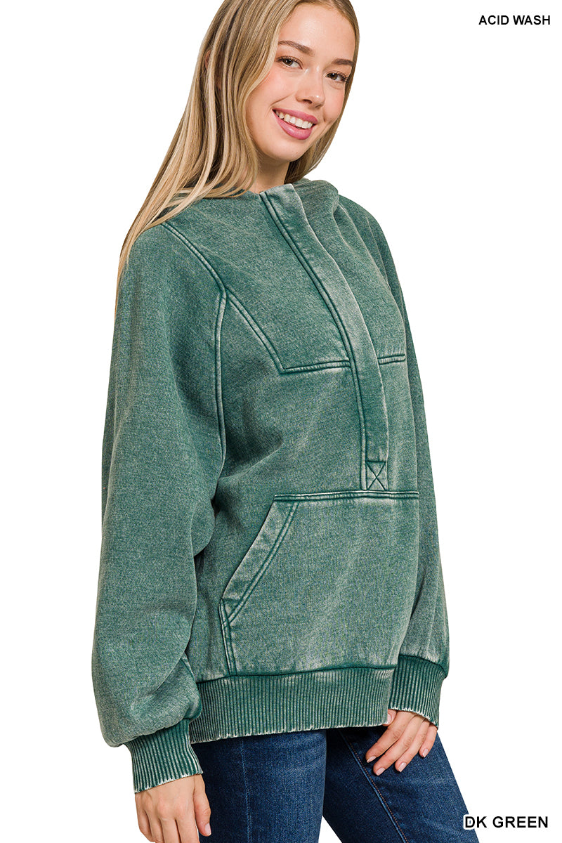 Dark Green Fleece Oversized 1/4 Zip Kangaroo Pocket Hoodie