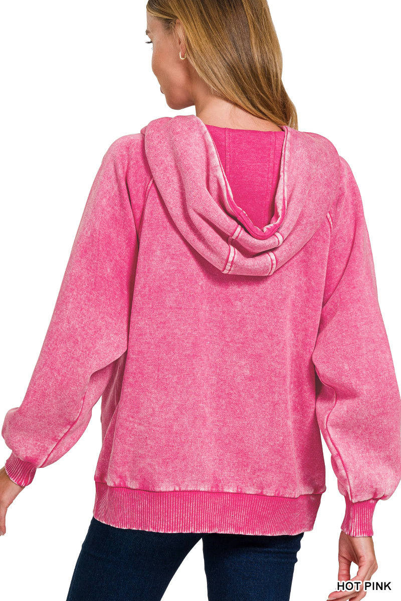 Hot Pink Fleece Oversized 1/4 Zip Kangaroo Pocket Hoodie