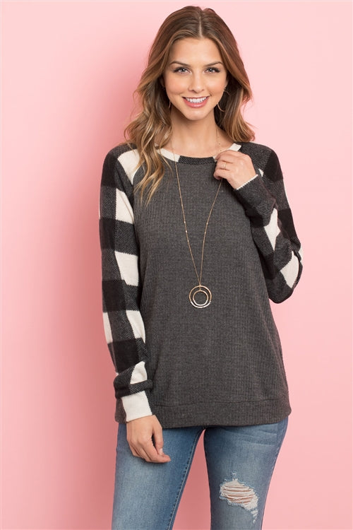 Plaid Sleeve Waffle Top