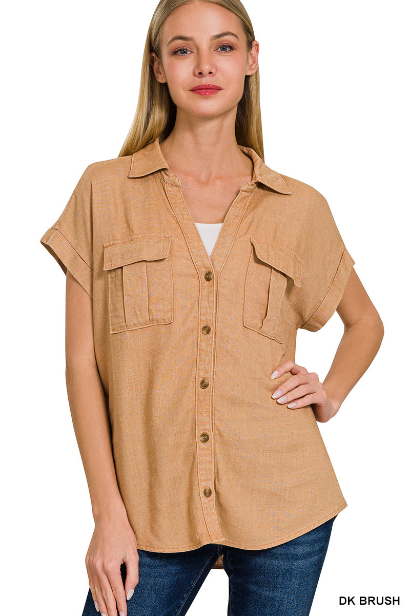 Sale - Dark Brush Washed Linen Button Down Shirt