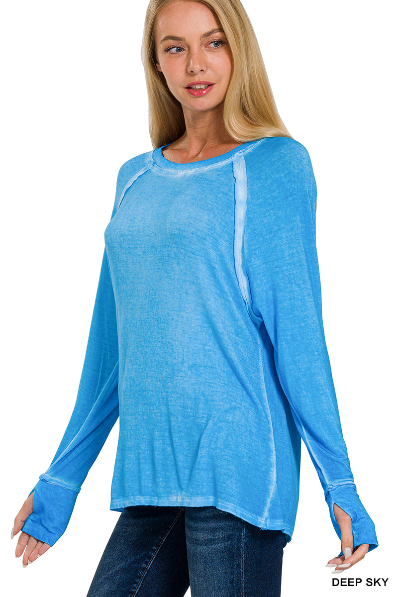 Deep Sky Washed Thumb Hole Cuffs Scoop-Neck Long Sleeve Top