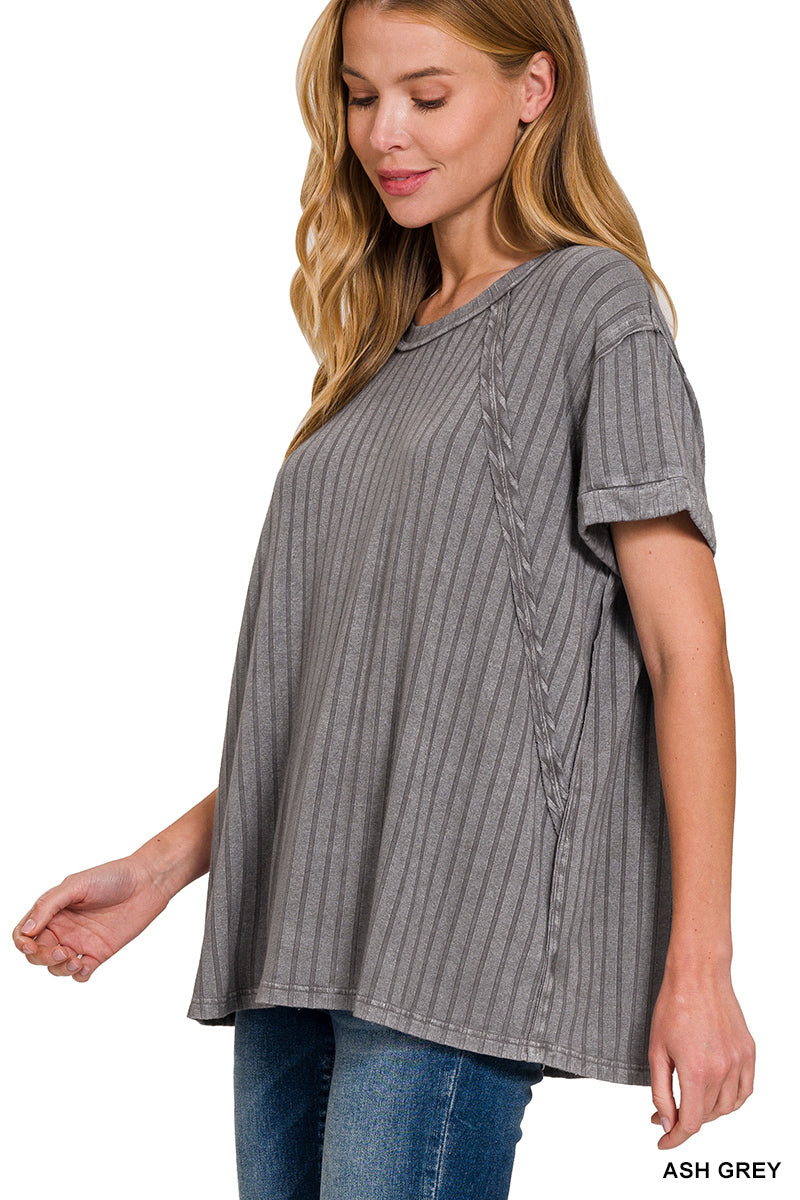Acid Wash Ash Gray Ribbed Short Sleeve Top