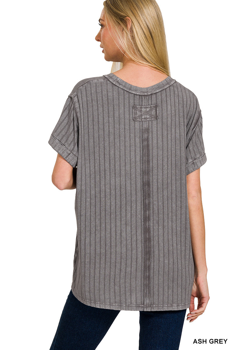 Acid Wash Ash Gray Ribbed Short Sleeve Top