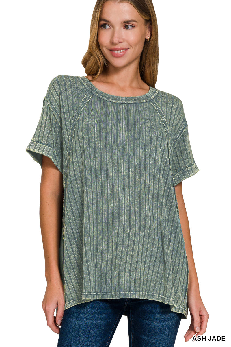 Sale - Acid Wash Ash Jade Ribbed Short Sleeve Top