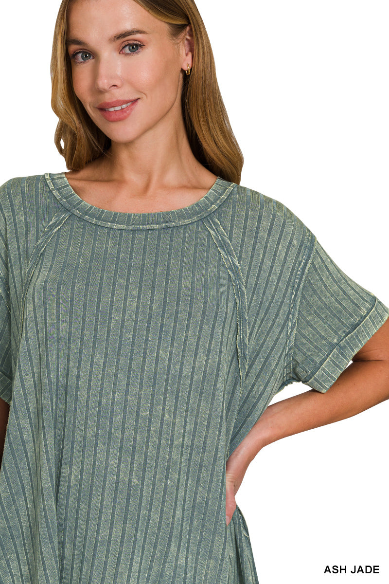 Sale - Acid Wash Ash Jade Ribbed Short Sleeve Top