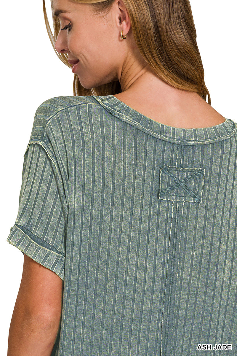 Sale - Acid Wash Ash Jade Ribbed Short Sleeve Top