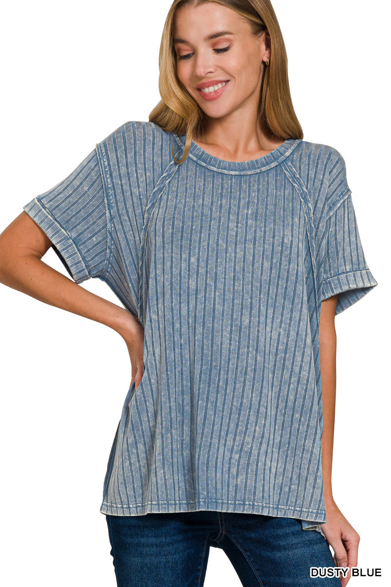 Acid Wash Dusty Blue Ribbed Short Sleeve Top