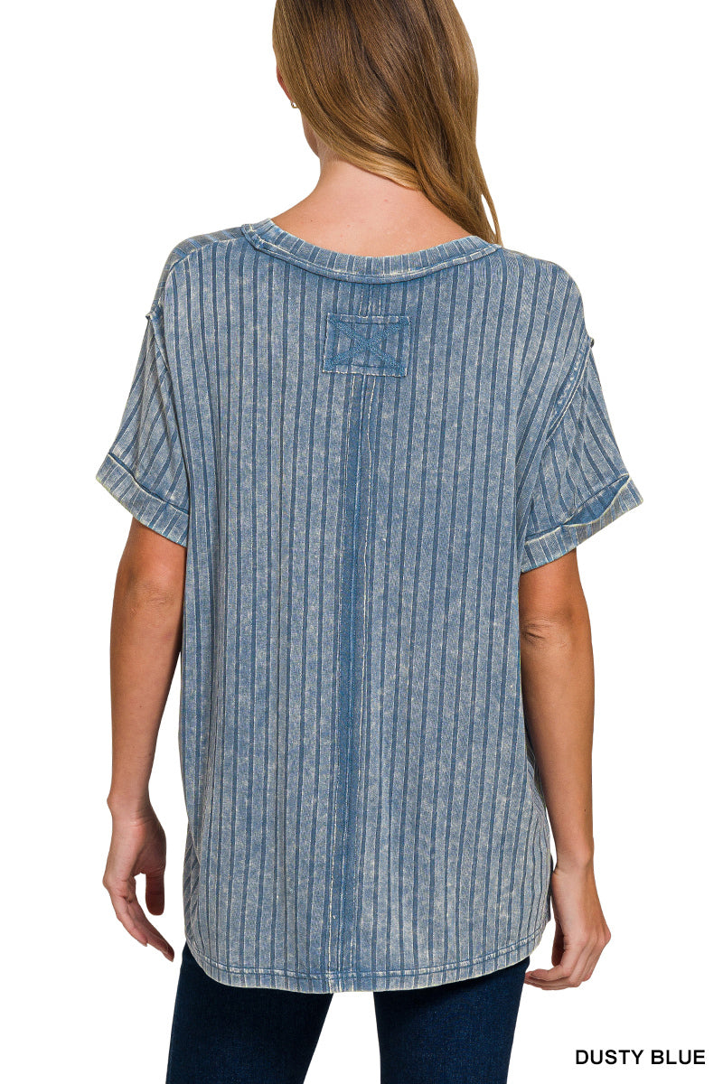 Acid Wash Dusty Blue Ribbed Short Sleeve Top
