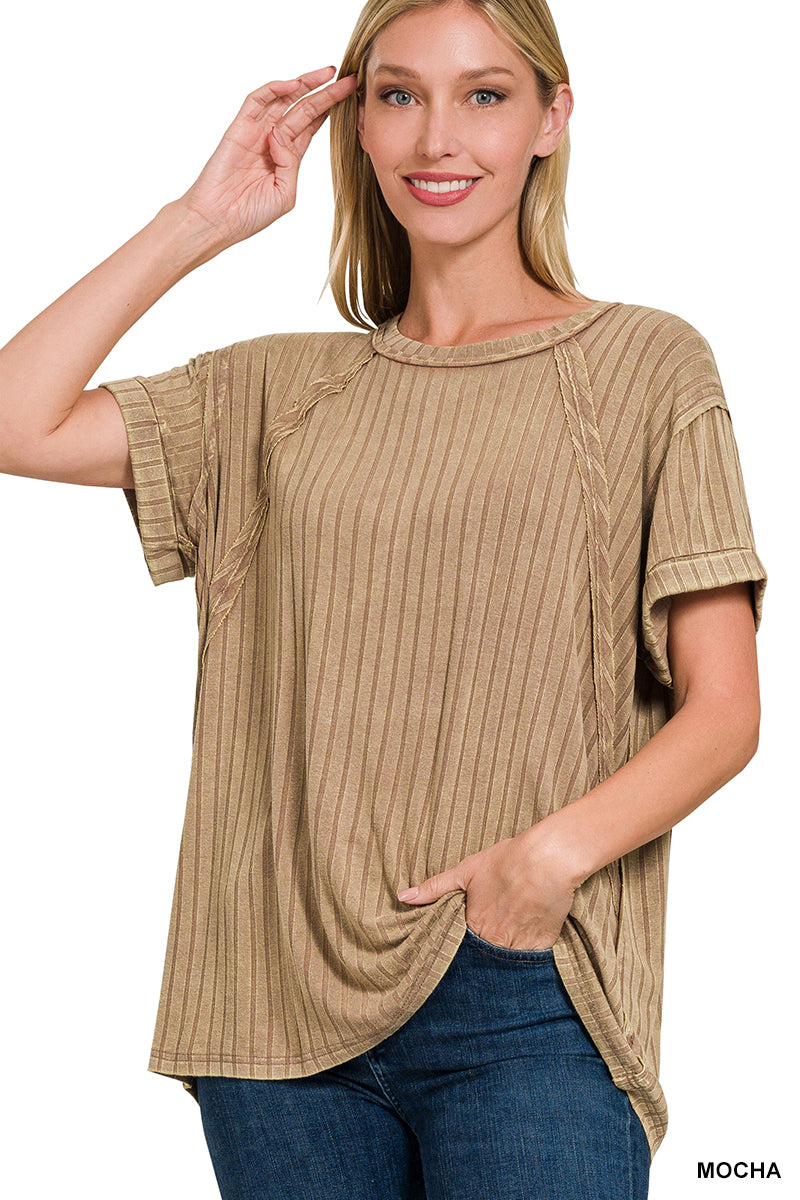 Acid Wash Mocha Ribbed Short Sleeve Top