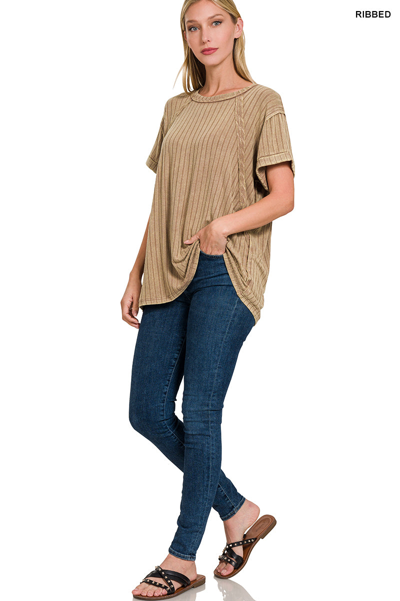 Acid Wash Mocha Ribbed Short Sleeve Top