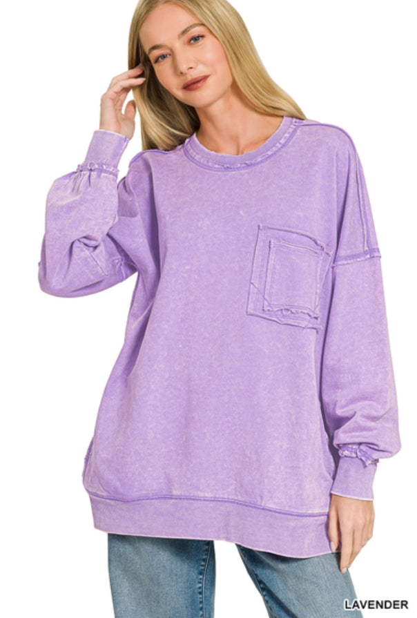 Lavender Acid Wash Raw Edge Front Pocket Pullover