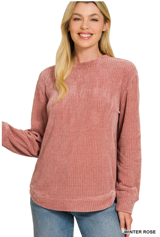 Winter Rose Chenille Waffle Round Neck Sweater